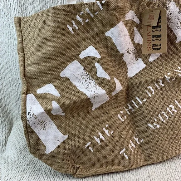 Clarins Burlap Canvas Tote Bag 7 FEED The Children Of The World 15X18X6" Shopper - Picture 11 of 15